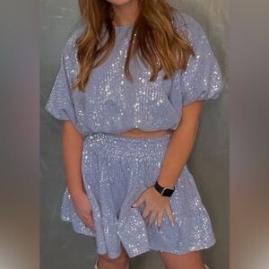 The Impeccable Pig Lavender Sequin Bubble Top and Skirt